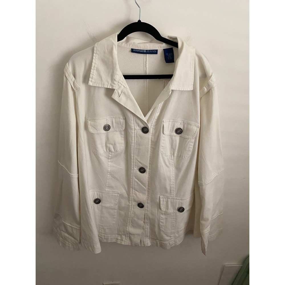 Avenue Jeans White Denim Utility Jacket Plus Size 26/28 Button Front Stretch NEW